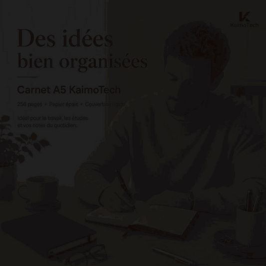 GIF de présentation du carnet A5 KaimoTech avec pages épaisses, papier de haute qualité, écriture fluide et agréable, idéal pour les notes, le journaling, les études, le vocabulaire et l’organisation quotidienne