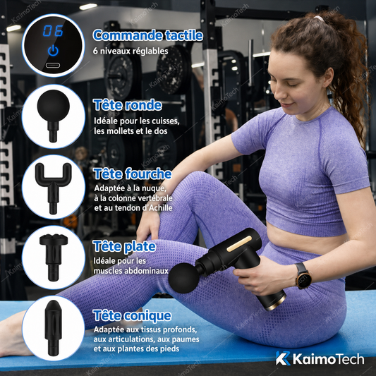 Pistolet de massage KaimoTech – commande tactile 6 niveaux, 4 têtes interchangeables : tête ronde (cuisses, mollets, dos), tête fourche (nuque, colonne vertébrale, tendon d'Achille), tête plate (muscles abdominaux), tête conique (tissus profonds, articulations, paumes et plantes des pieds)