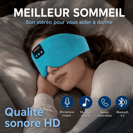 GIF présentant le masque de sommeil Bluetooth DreamMask Pro KaimoTech porté par une femme, avec son stéréo intégré, qualité sonore HD, musique sans fil et confort pour améliorer la routine de sommeil.