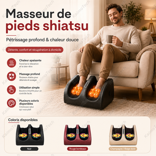 Masseur de pieds shiatsu KaimoTech avec pétrissage profond et chaleur douce, utilisé à domicile dans un salon confortable. Image présentant les fonctions chaleur apaisante, massage profond, utilisation simple et plusieurs coloris disponibles : noir, rouge bordeaux et champagne beige doré.