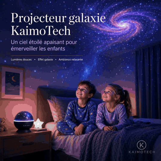 GIF animé du projecteur galaxie KaimoTech avec projection d’étoiles, effet nébuleuse, lumière douce et ambiance relaxante pour chambre d’enfant, salon ou moments de détente.