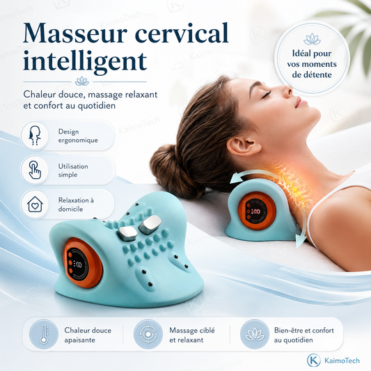 Masseur cervical intelligent KaimoTech avec chaleur douce apaisante, massage ciblé et design ergonomique, présenté avec une utilisation relaxante à domicile pour le confort quotidien du cou.