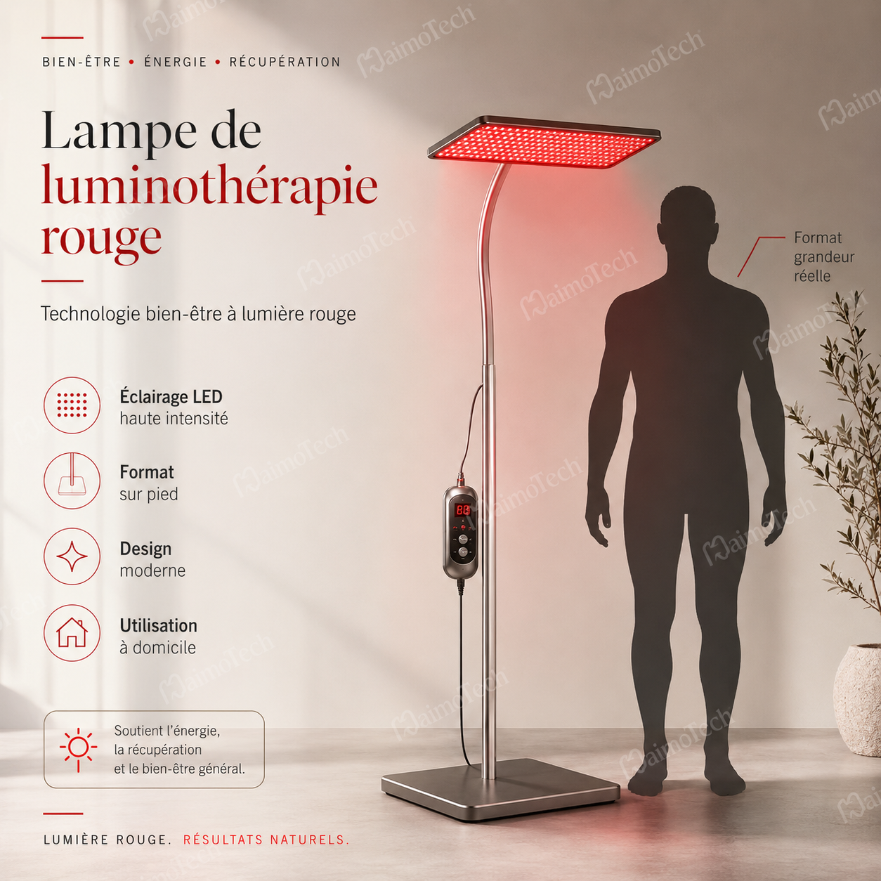 Lampe de luminothérapie rouge distribuée par KaimoTech, présentée en format sur pied avec éclairage LED haute intensité, silhouette grandeur réelle, design moderne et utilisation à domicile pour le bien-être, l’énergie et la récupération.