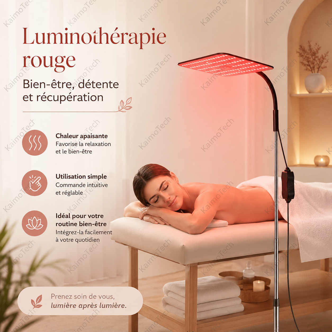 Lampe de luminothérapie rouge distribuée par KaimoTech, utilisée dans un espace bien-être pour favoriser la détente, la récupération et le confort au quotidien grâce à une lumière rouge ciblée.