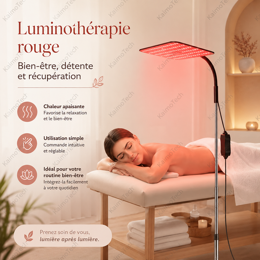 Lampe de luminothérapie rouge distribuée par KaimoTech, utilisée dans un espace bien-être pour favoriser la détente, la récupération et le confort au quotidien grâce à une lumière rouge ciblée.