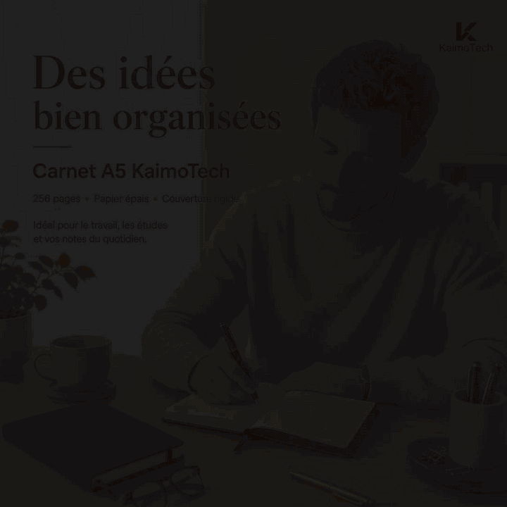 GIF de présentation du carnet A5 KaimoTech avec pages épaisses, papier de haute qualité, écriture fluide et agréable, idéal pour les notes, le journaling, les études, le vocabulaire et l’organisation quotidienne