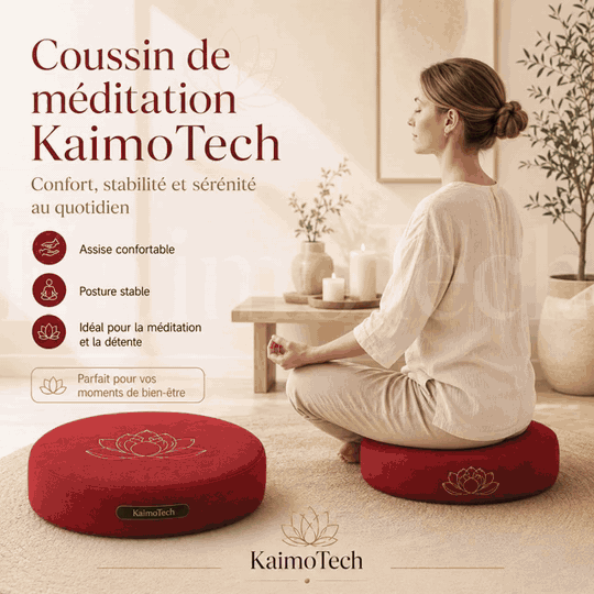 GIF de présentation du coussin de méditation KaimoTech avec motif lotus, montrant ses coloris disponibles, son format rond et ses atouts pour une assise confortable, une posture stable et des moments de bien-être au quotidien.
