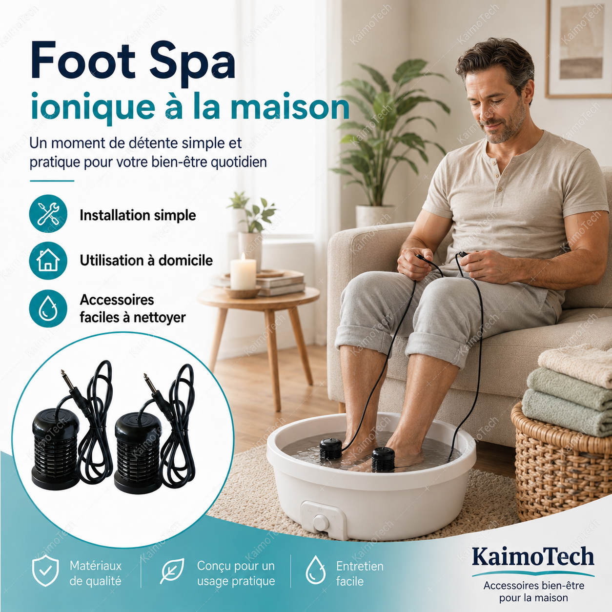 Foot Spa ionique KaimoTech utilisé par un homme à domicile dans une ambiance bien-être cosy. Image présentant un bain de pieds compact avec électrodes ioniques, installation simple, accessoires faciles à nettoyer, entretien pratique et routine détente à la maison.