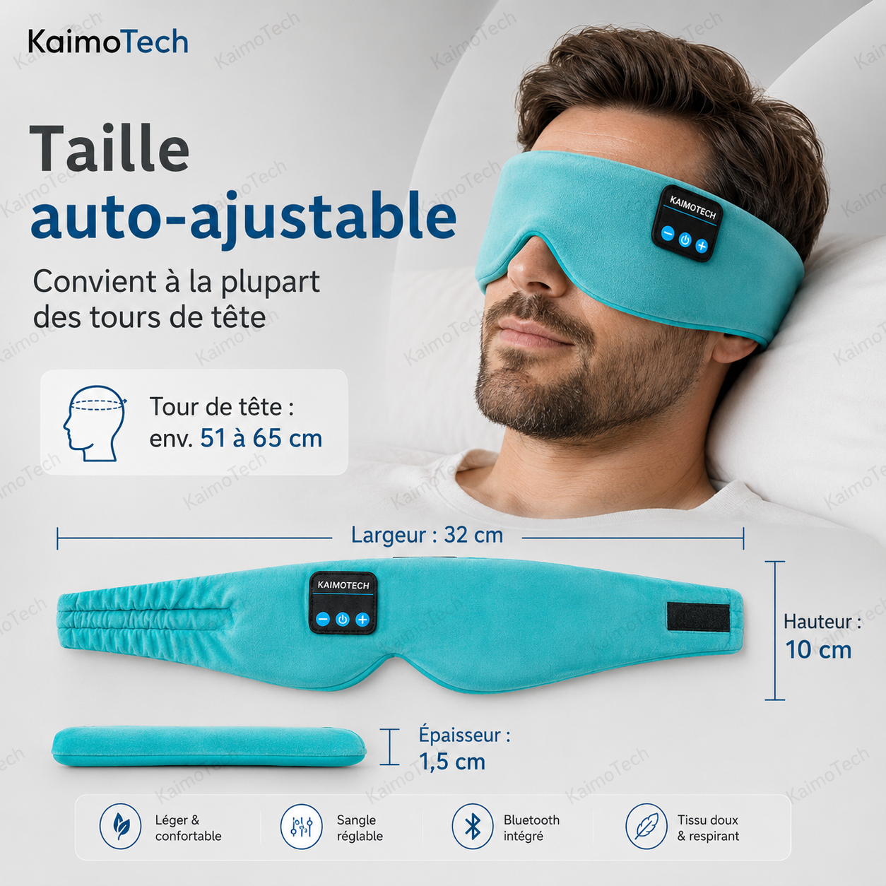 Masque de sommeil Bluetooth DreamMask Pro KaimoTech bleu ciel à taille auto-ajustable, avec tour de tête réglable de 51 à 65 cm et écouteurs intégrés.