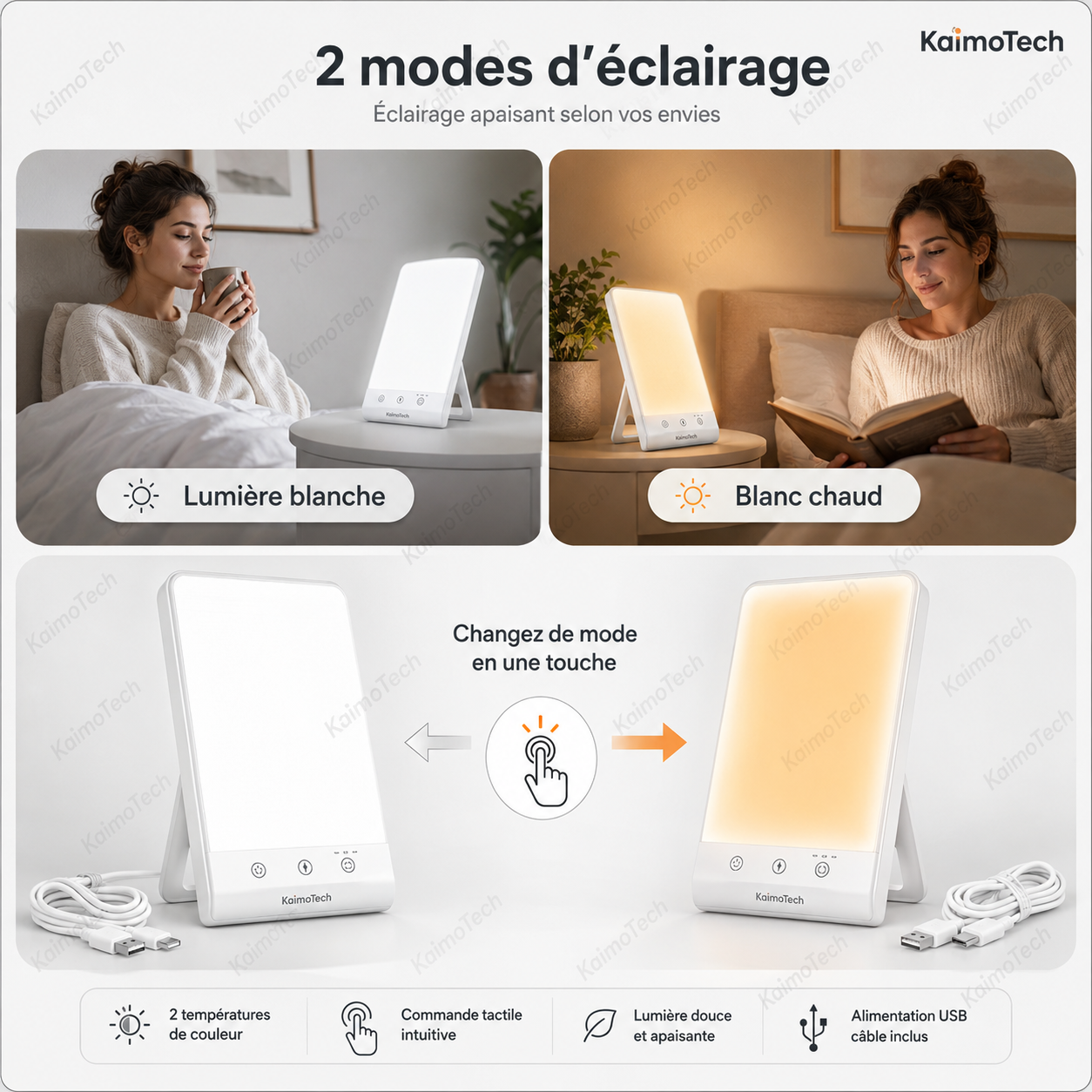 Lampe de luminothérapie KaimoTech 2 modes d’éclairage avec lumière blanche et blanc chaud, commande tactile intuitive, alimentation USB avec câble inclus, idéale pour améliorer le bien-être, créer une ambiance apaisante, travailler, lire ou se détendre à la maison