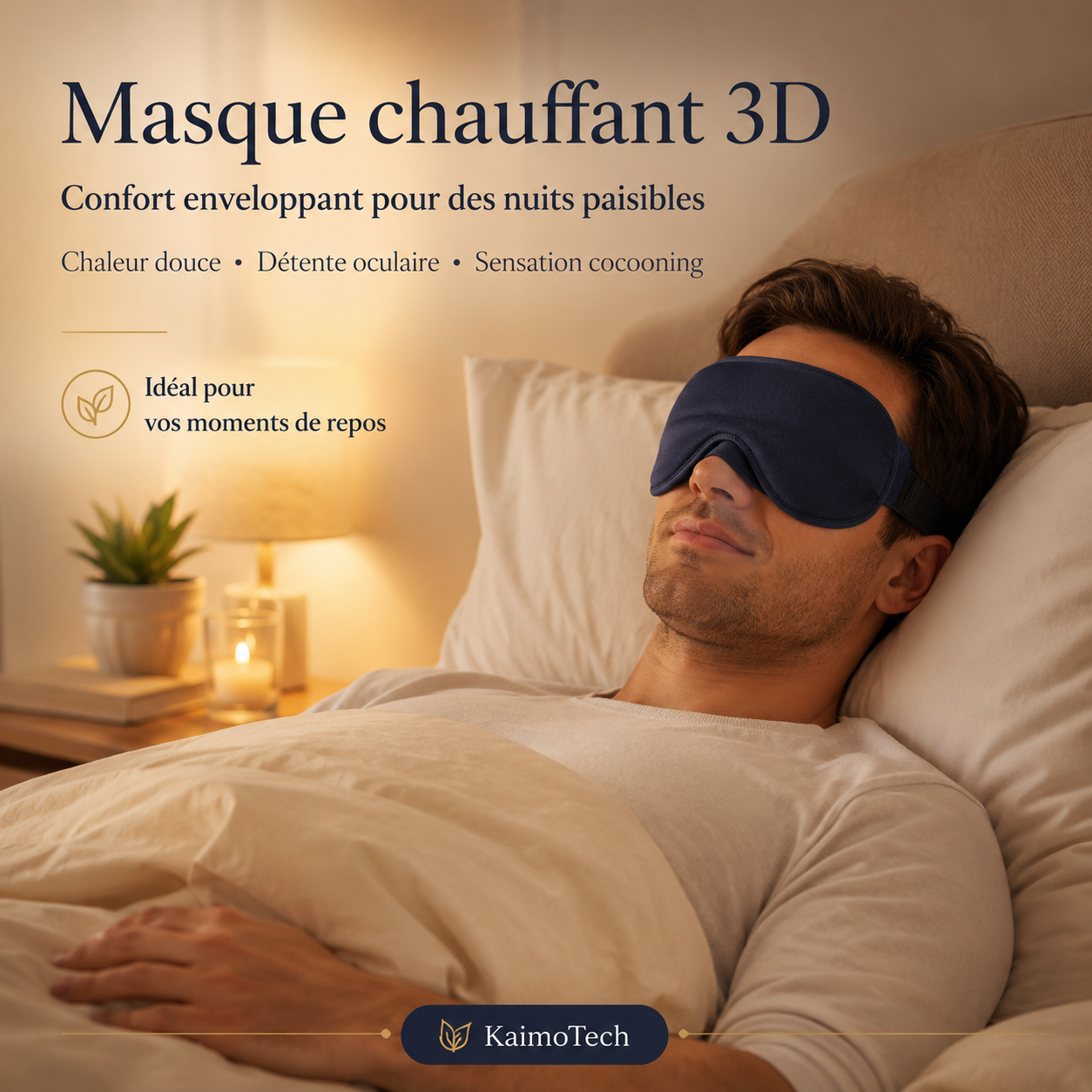 Homme portant un masque chauffant 3D KaimoTech au lit, avec chaleur douce, détente oculaire et confort enveloppant pour des nuits paisibles.