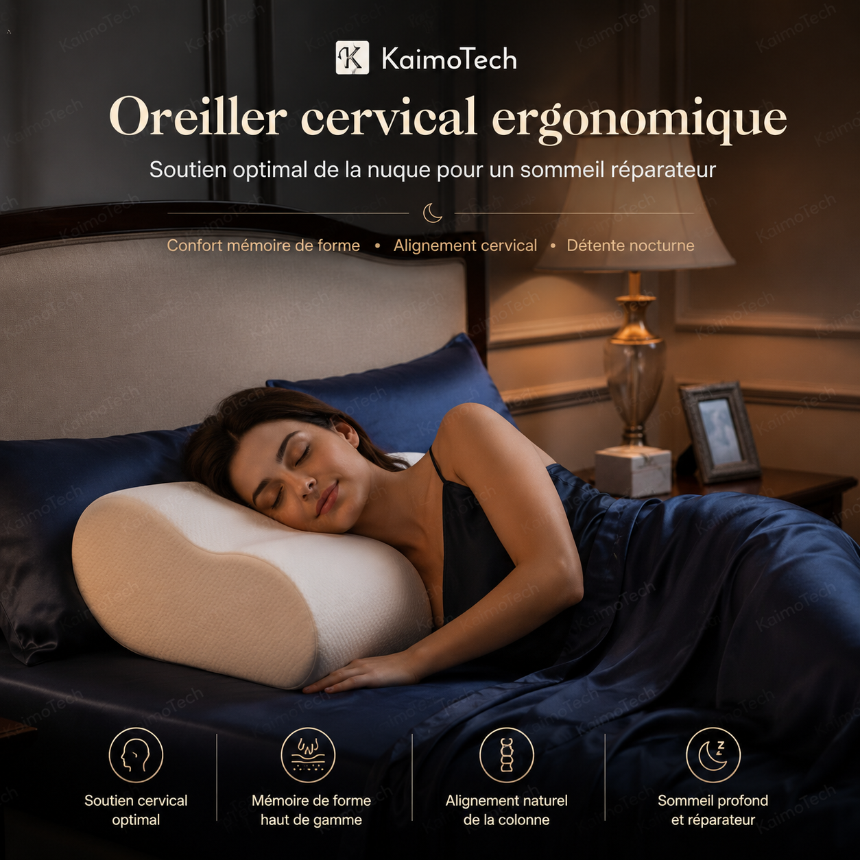 Oreiller cervical ergonomique KaimoTech en mousse à mémoire de forme, soutien de la nuque et alignement cervical pour sommeil réparateur