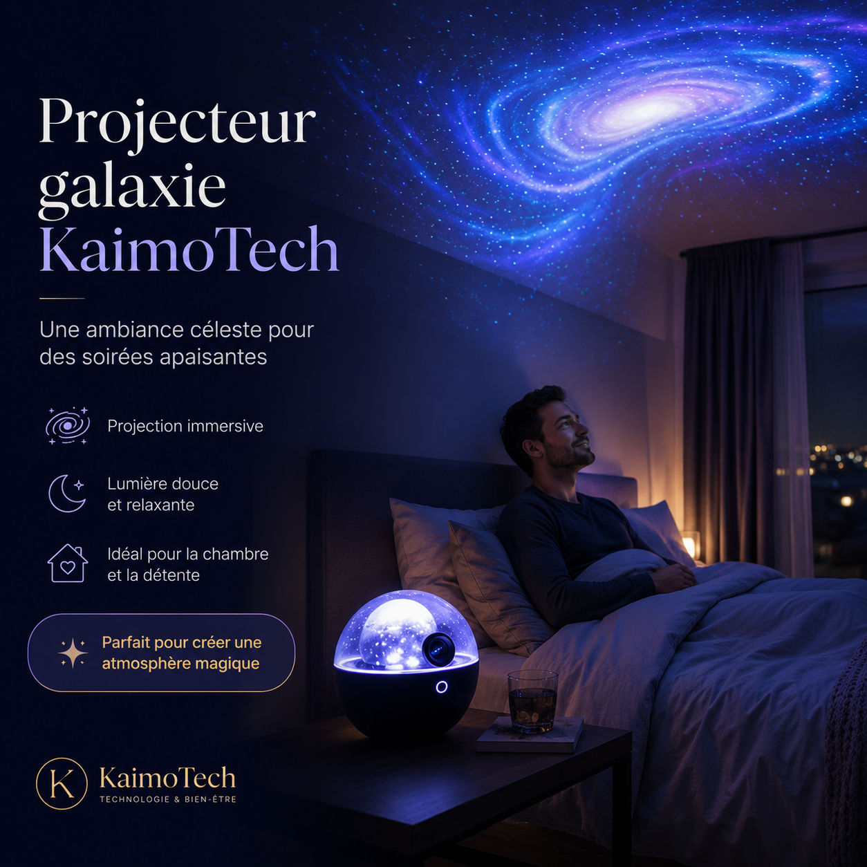 Projecteur galaxie KaimoTech avec projection immersive de ciel étoilé, effet galaxie bleu-violet et lumière douce, idéal pour créer une ambiance apaisante dans une chambre adulte.