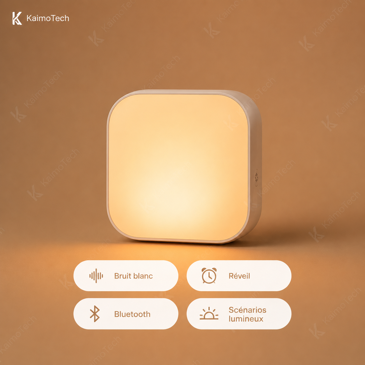 Lampe réveil lumineuse KaimoTech avec lumière d’ambiance douce, bruit blanc, fonction réveil, Bluetooth et scénarios lumineux, idéale pour créer une atmosphère apaisante dans la chambre et accompagner le sommeil au quotidien.