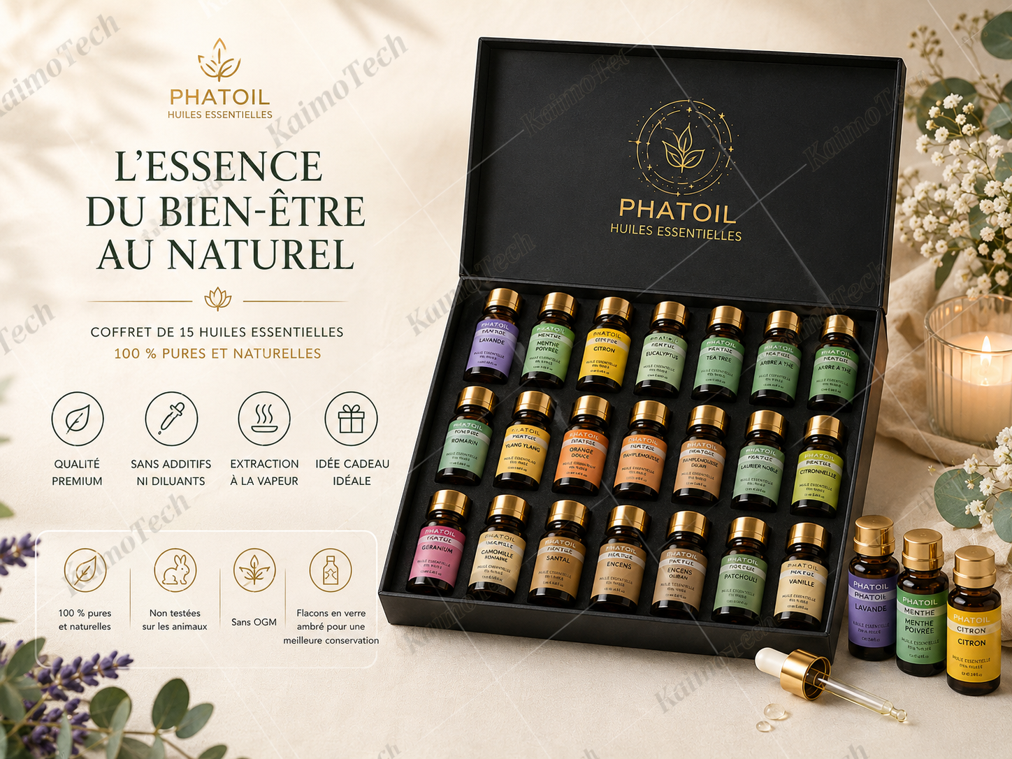 Coffret de 15 huiles essentielles distribué par KaimoTech, avec huiles 100 % pures et naturelles, qualité premium, extraction à la vapeur, flacons en verre ambré et présentation élégante pour le bien-être au naturel.