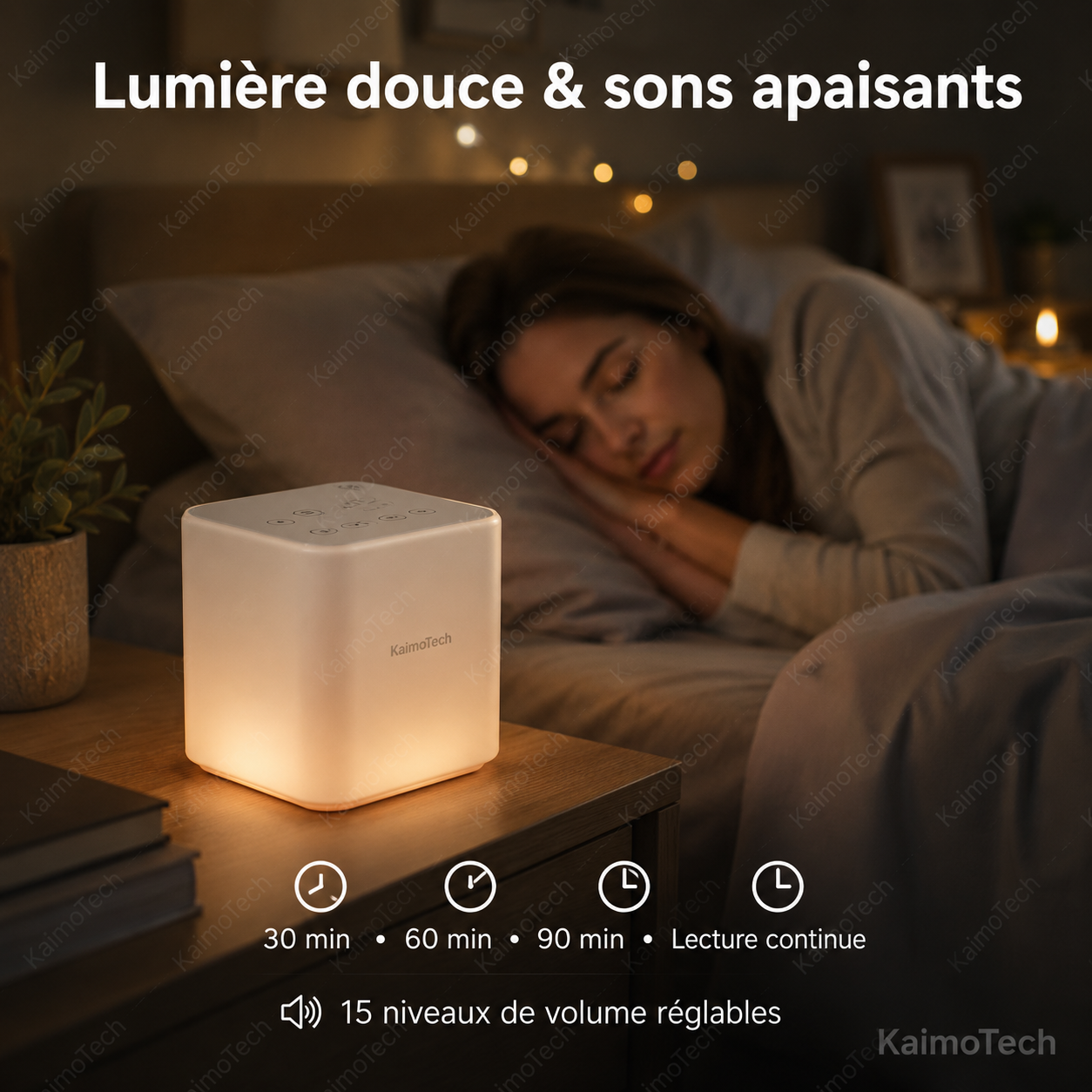 Machine à bruit blanc SleepSound KaimoTech avec lumière douce, sons apaisants, minuterie 30, 60 et 90 minutes, lecture continue et 15 niveaux de volume réglables pour une ambiance relaxante dans la chambre
