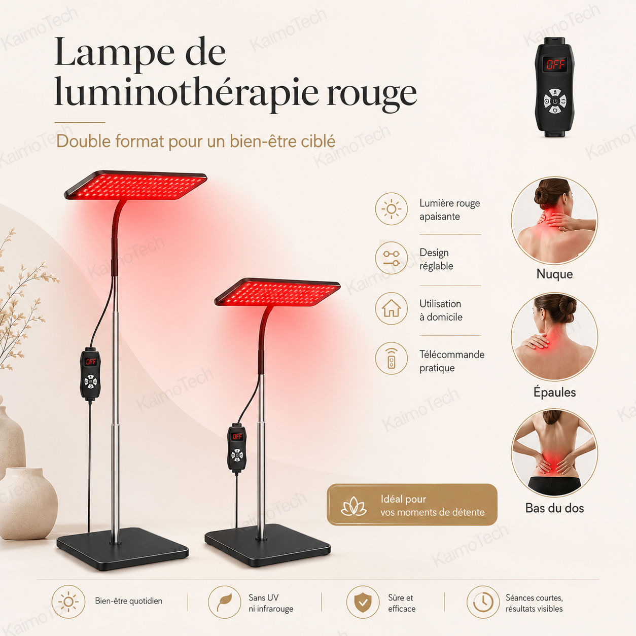 Double lampe de luminothérapie rouge distribuée par KaimoTech, avec formats réglables, télécommande pratique et lumière rouge apaisante pour une utilisation ciblée à domicile sur la nuque, les épaules et le bas du dos.