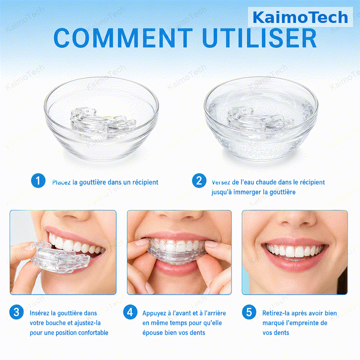 GIF produit KaimoTech pour gouttière anti-ronflement réglable, illustrant la structure flexible, le système de micro-ajustement, la connexion à engrenage et le confort d’adaptation à la bouche pour aider à réduire le ronflement.