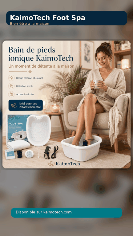 GIF promotionnel du bain de pieds ionique KaimoTech présenté dans une ambiance home spa européenne. Le visuel montre le Foot Spa KaimoTech, ses électrodes ioniques, son boîtier de commande et ses accessoires, avec des scènes d’utilisation à domicile pour un moment de détente, de confort et de bien-être.