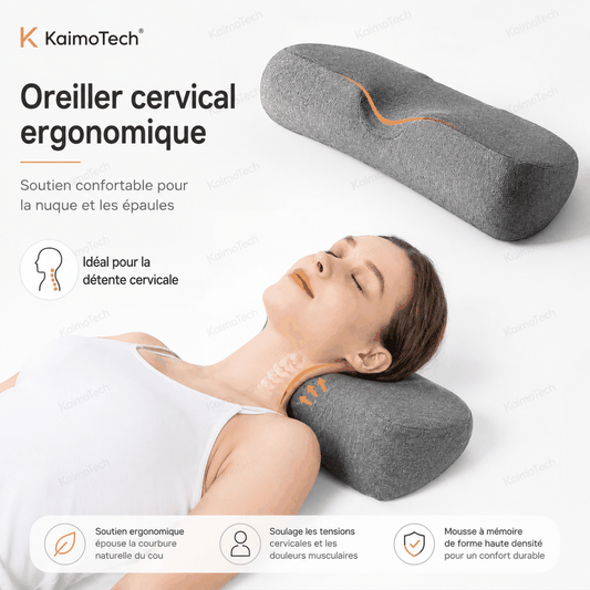 GIF de présentation de l’oreiller cervical ergonomique KaimoTech en mousse à mémoire de forme, montrant le soutien de la nuque, l’alignement naturel des cervicales, le confort des épaules et les bénéfices pour un sommeil réparateur