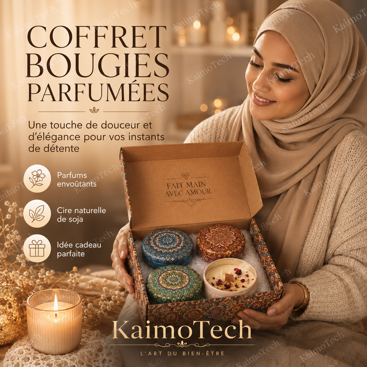 Coffret de bougies parfumées KaimoTech avec bougies en cire naturelle de soja, parfums enveloppants et coffret cadeau élégant pour créer une ambiance chaleureuse, relaxante et décorative à la maison.