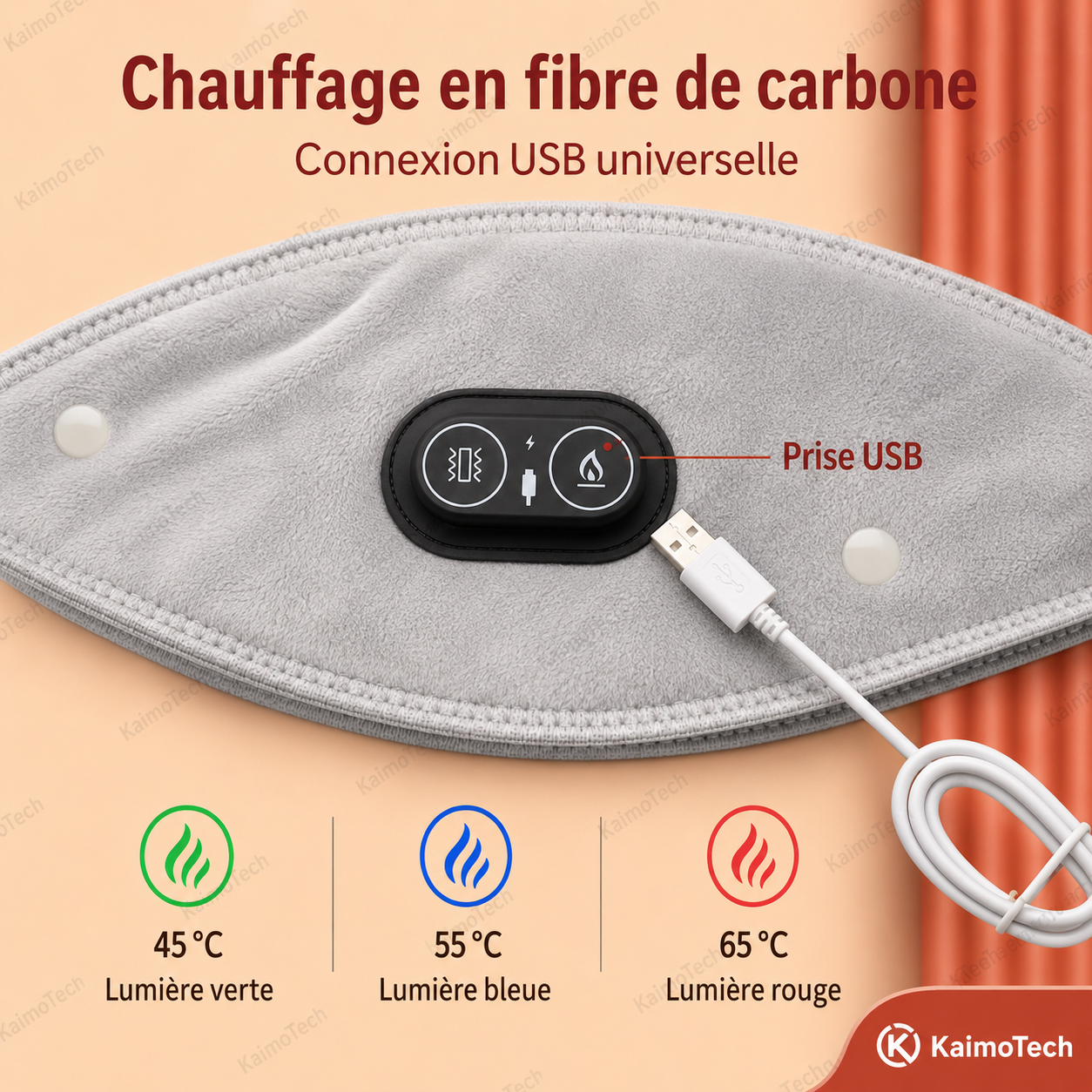 Coussin chauffant KaimoTech avec chauffage en fibre de carbone, connexion USB et 3 niveaux de température
