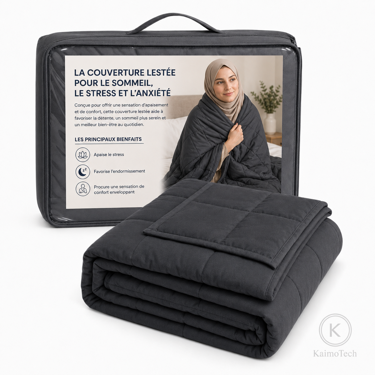 Couverture lestée KaimoTech pour sommeil et relaxation, modèle gris anthracite avec sac de rangement, idéale pour favoriser l’endormissement, apaiser le stress et procurer un confort enveloppant à la maison.