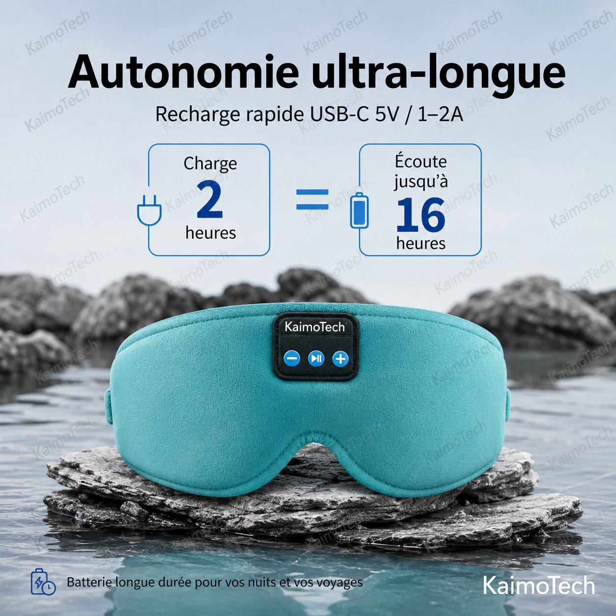 Masque de sommeil Bluetooth DreamMask Pro KaimoTech bleu ciel avec autonomie ultra-longue, recharge USB-C rapide et jusqu’à 16 heures d’écoute.