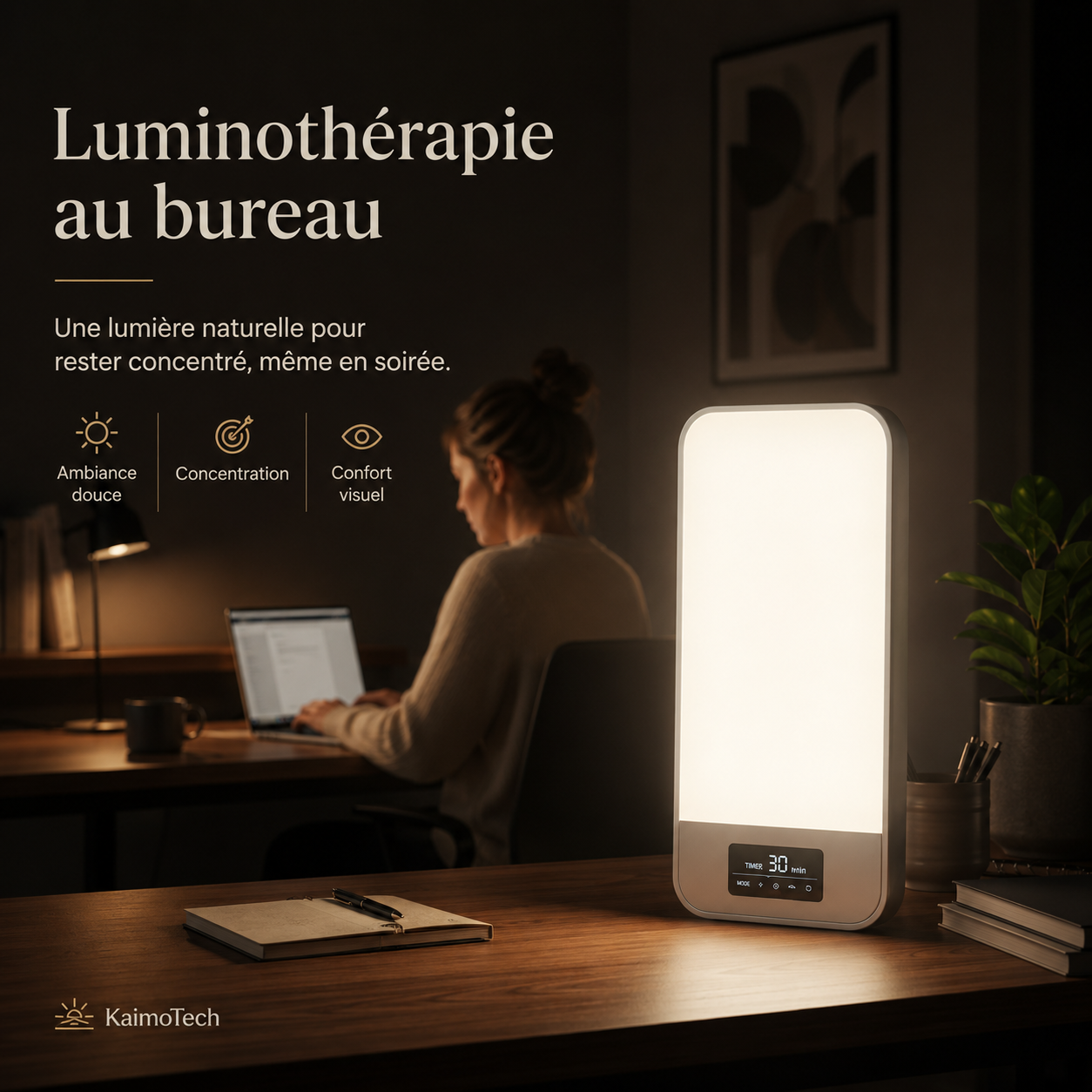 Lampe de luminothérapie KaimoTech sur bureau, lumière naturelle pour travailler le soir, améliorer la concentration et profiter d’un éclairage doux sans éblouissement.