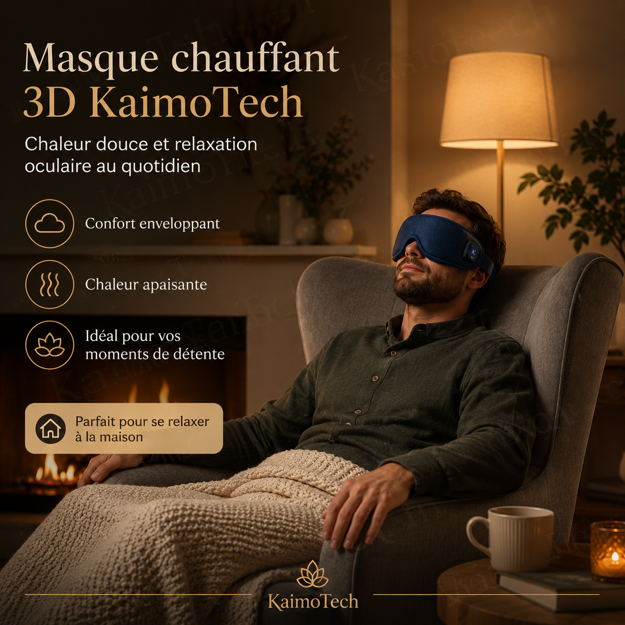 Homme utilisant un masque chauffant 3D KaimoTech dans un fauteuil, avec chaleur apaisante, confort enveloppant et relaxation oculaire à domicile.