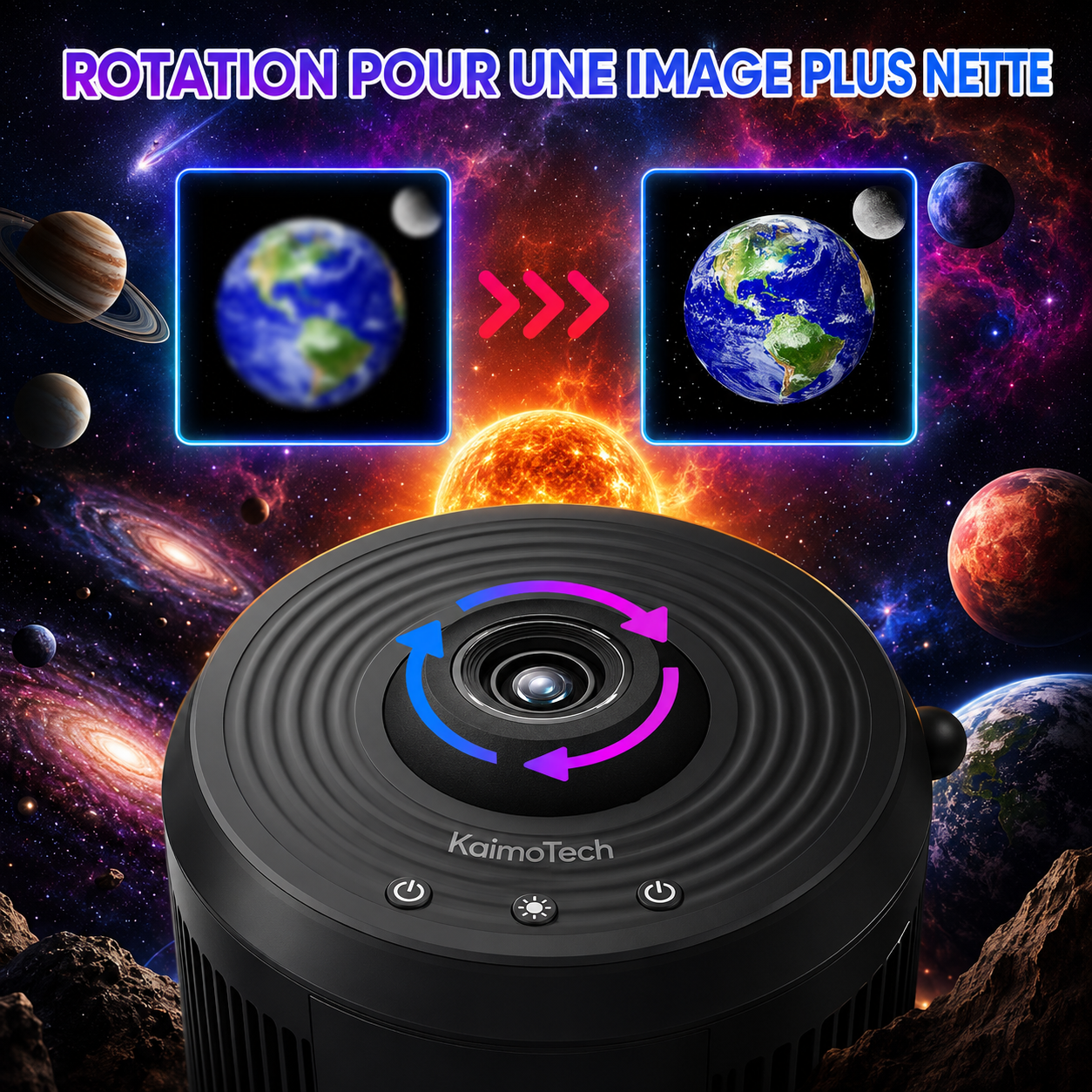 Projecteur galaxie KaimoTech avec fonction de rotation pour ajuster la netteté de l’image, projection de planètes et ciel étoilé immersif, idéal pour une ambiance spatiale en chambre.