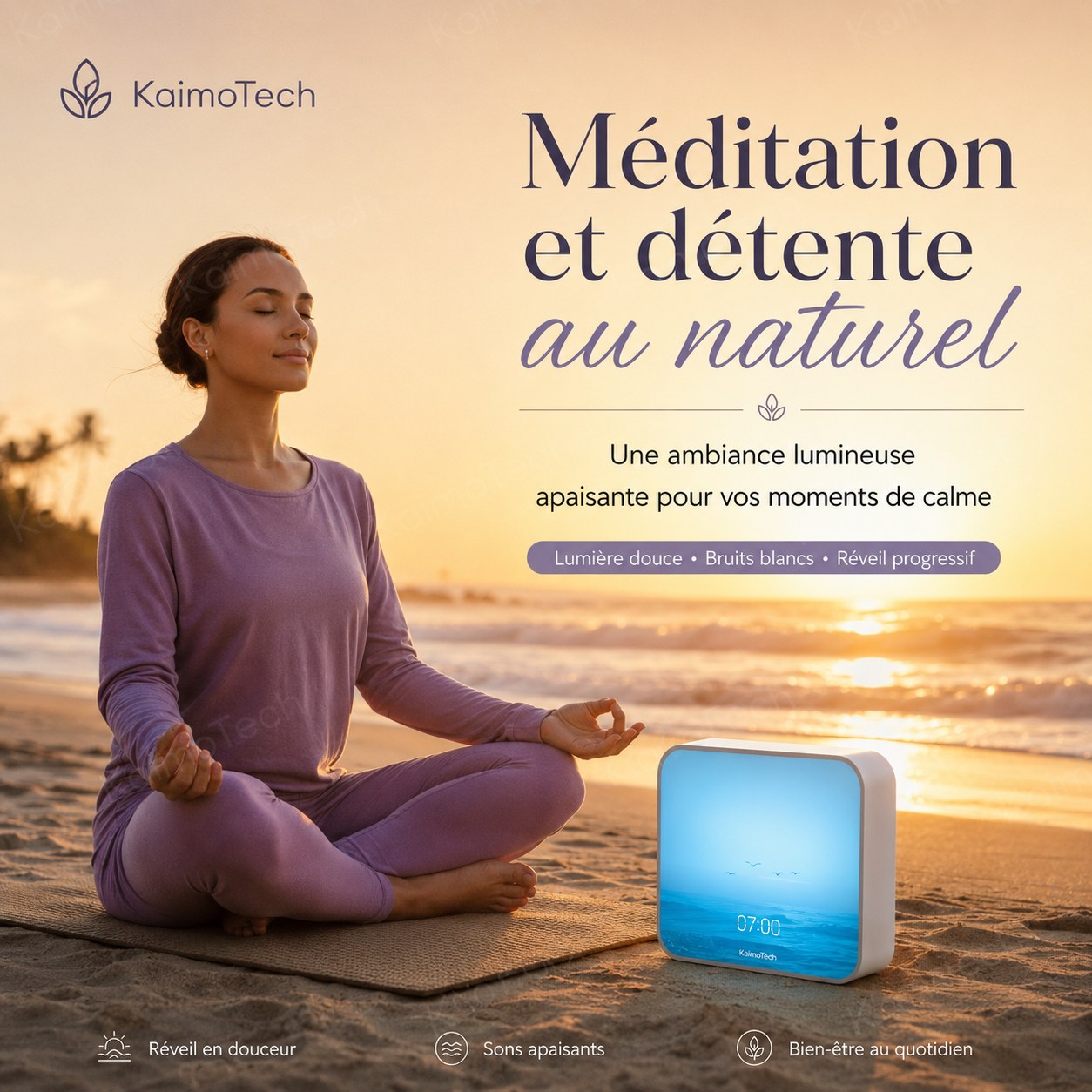 Réveil lumineux KaimoTech avec sons apaisants, bruit blanc et lumière douce, utilisé lors d’une séance de méditation en bord de mer pour favoriser la détente, la concentration, le bien-être quotidien et un réveil progressif en douceur.