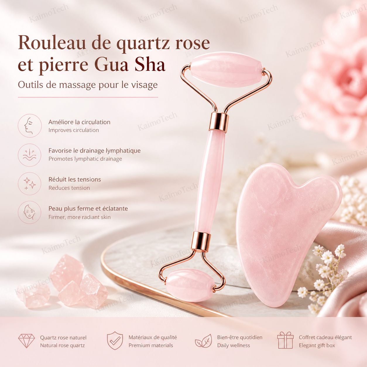 Rouleau de quartz rose et pierre Gua Sha assortie pour le visage, présentés dans un style doux et élégant. Outils de massage conçus pour une routine beauté quotidienne, aidant à favoriser la circulation, détendre les tensions du visage et apporter une sensation de bien-être pour une peau plus lisse et éclatante.