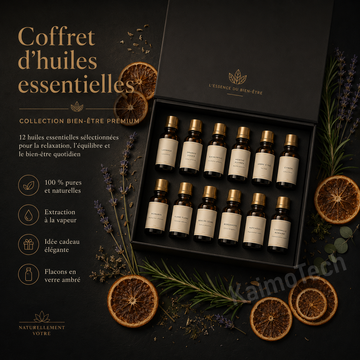Coffret d’huiles essentielles distribué par KaimoTech, présenté dans un écrin noir premium avec 12 flacons ambrés, agrumes séchés, romarin et lavande, idéal pour la relaxation, l’équilibre et le bien-être quotidien.
