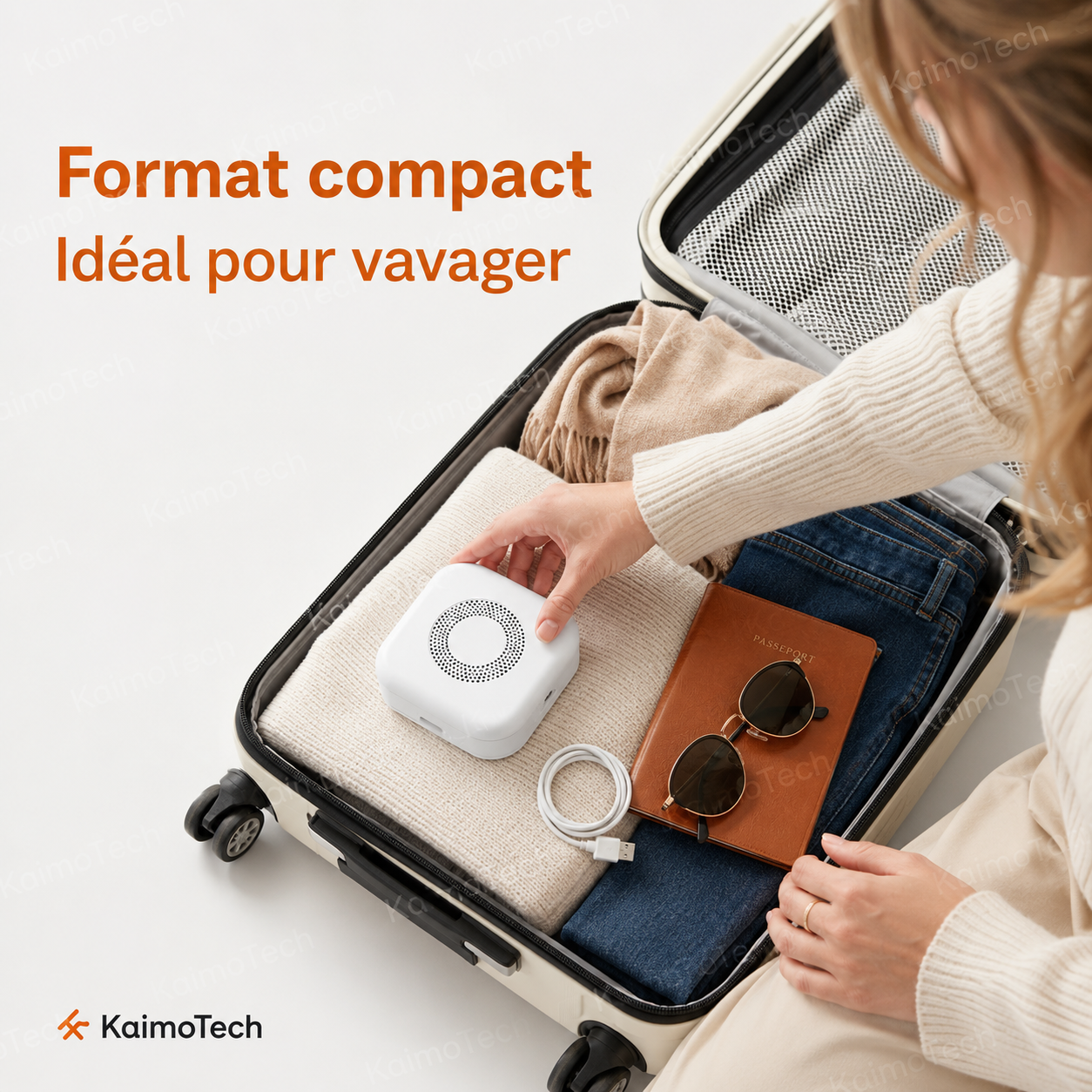 Machine à bruit blanc portable SleepSound KaimoTech au format compact, rangée dans une valise avec câble USB-C, conçue pour créer une ambiance apaisante à la maison, à l’hôtel ou en voyage