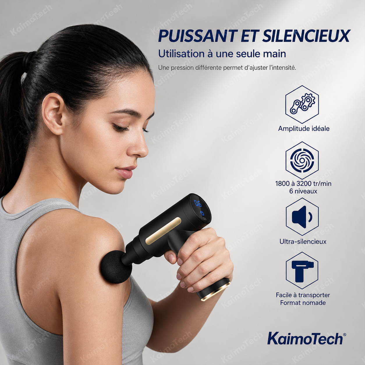 Pistolet de massage KaimoTech puissant et silencieux – utilisation à une seule main, amplitude idéale, 6 niveaux de 1800 à 3200 tr/min, ultra-silencieux, format nomade facile à transporter