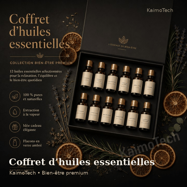 GIF promotionnel du coffret d’huiles essentielles distribué par KaimoTech, présentant une sélection premium d’huiles 100 % pures et naturelles pour la relaxation, l’équilibre et les rituels bien-être quotidiens.
