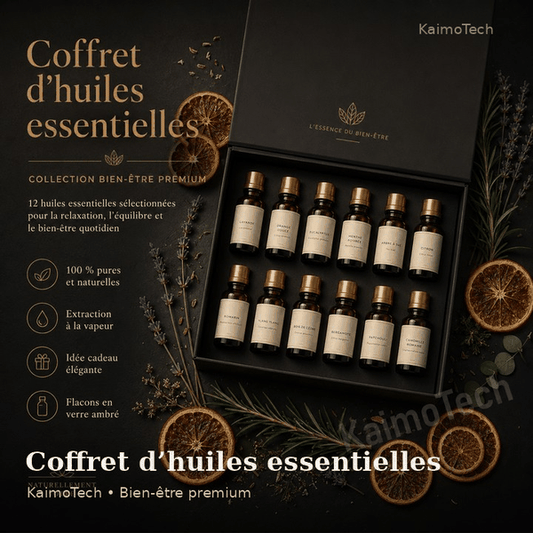 GIF promotionnel du coffret d’huiles essentielles distribué par KaimoTech, présentant une sélection premium d’huiles 100 % pures et naturelles pour la relaxation, l’équilibre et les rituels bien-être quotidiens.