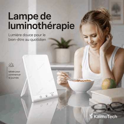 GIF de présentation de la lampe de luminothérapie KaimoTech avec lumière blanche et blanc chaud, minuterie intégrée, alimentation USB, design compact, utilisation au bureau, au réveil et pendant les moments de détente
