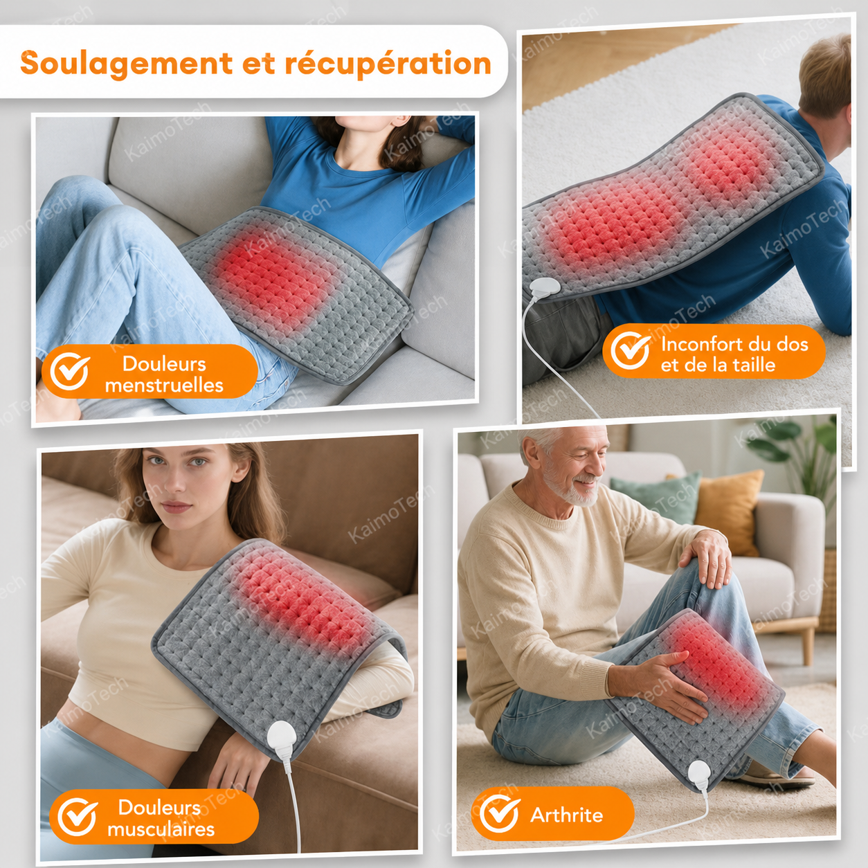 Coussin chauffant KaimoTech — soulagement et récupération : femme sur canapé pour douleurs menstruelles, homme pour inconfort du dos et de la taille, femme pour douleurs musculaires, senior souriant pour arthrite — 4 situations d'utilisation en une image