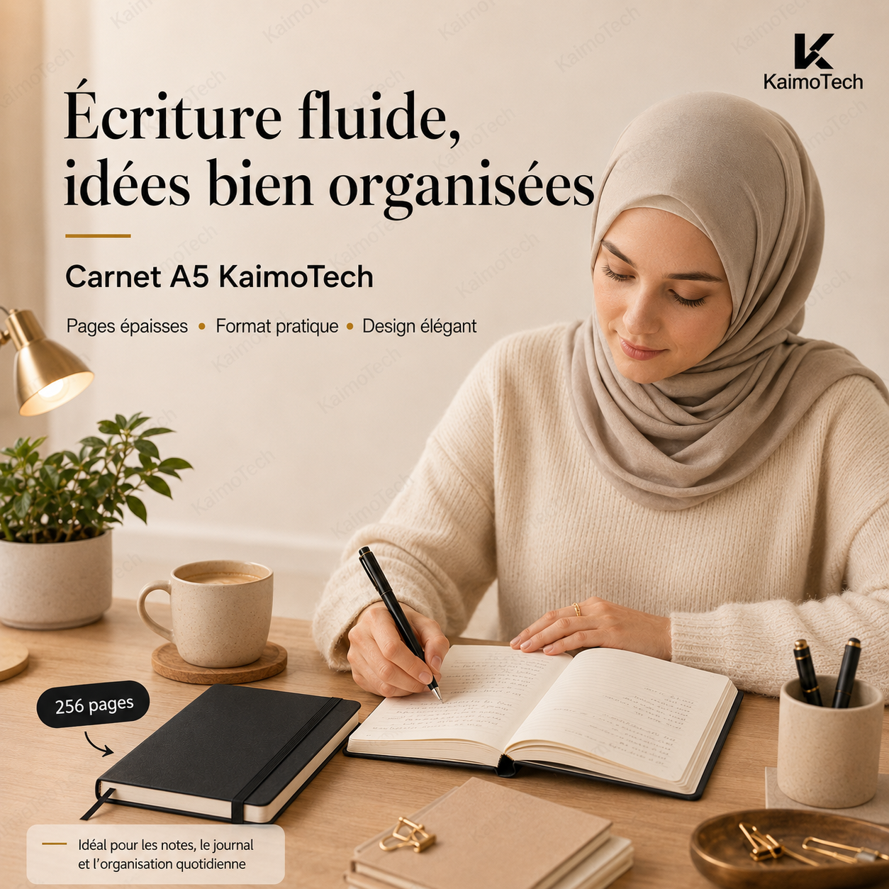 Carnet A5 KaimoTech avec 256 pages épaisses, couverture noire élégante et format pratique, idéal pour les notes, le journal, l’écriture quotidienne et l’organisation personnelle.