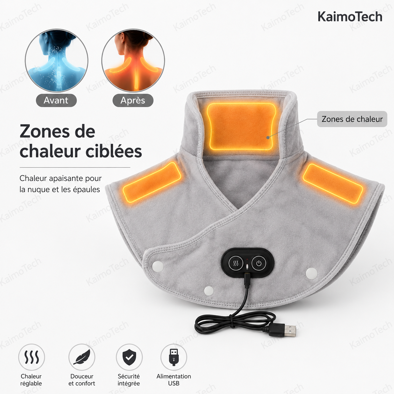 Coussin chauffant KaimoTech pour la nuque et les épaules avec zones chauffantes, chaleur réglable et alimentation USB