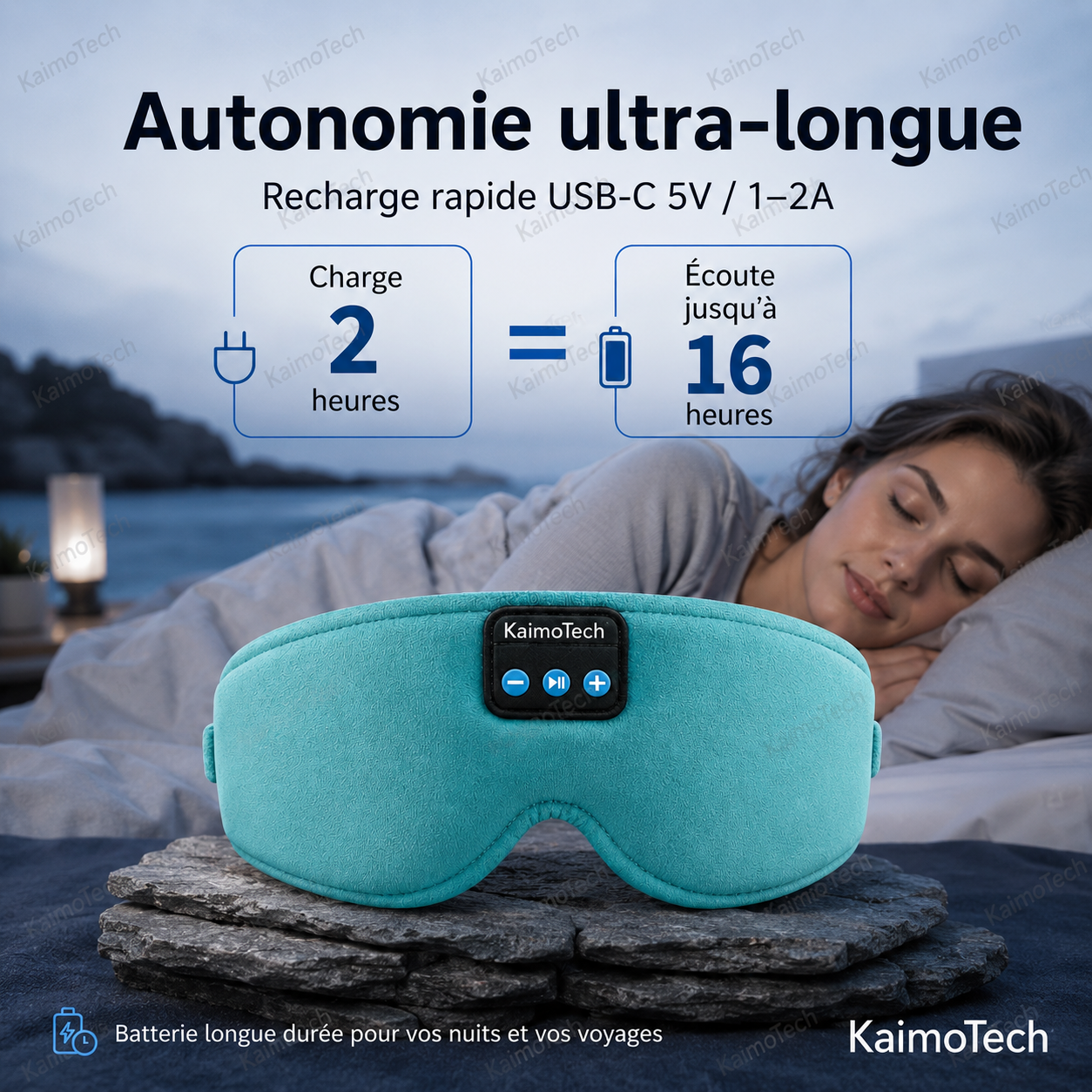 Masque de sommeil Bluetooth DreamMask Pro KaimoTech bleu ciel avec autonomie longue durée, recharge USB-C rapide et jusqu’à 16 heures d’écoute.