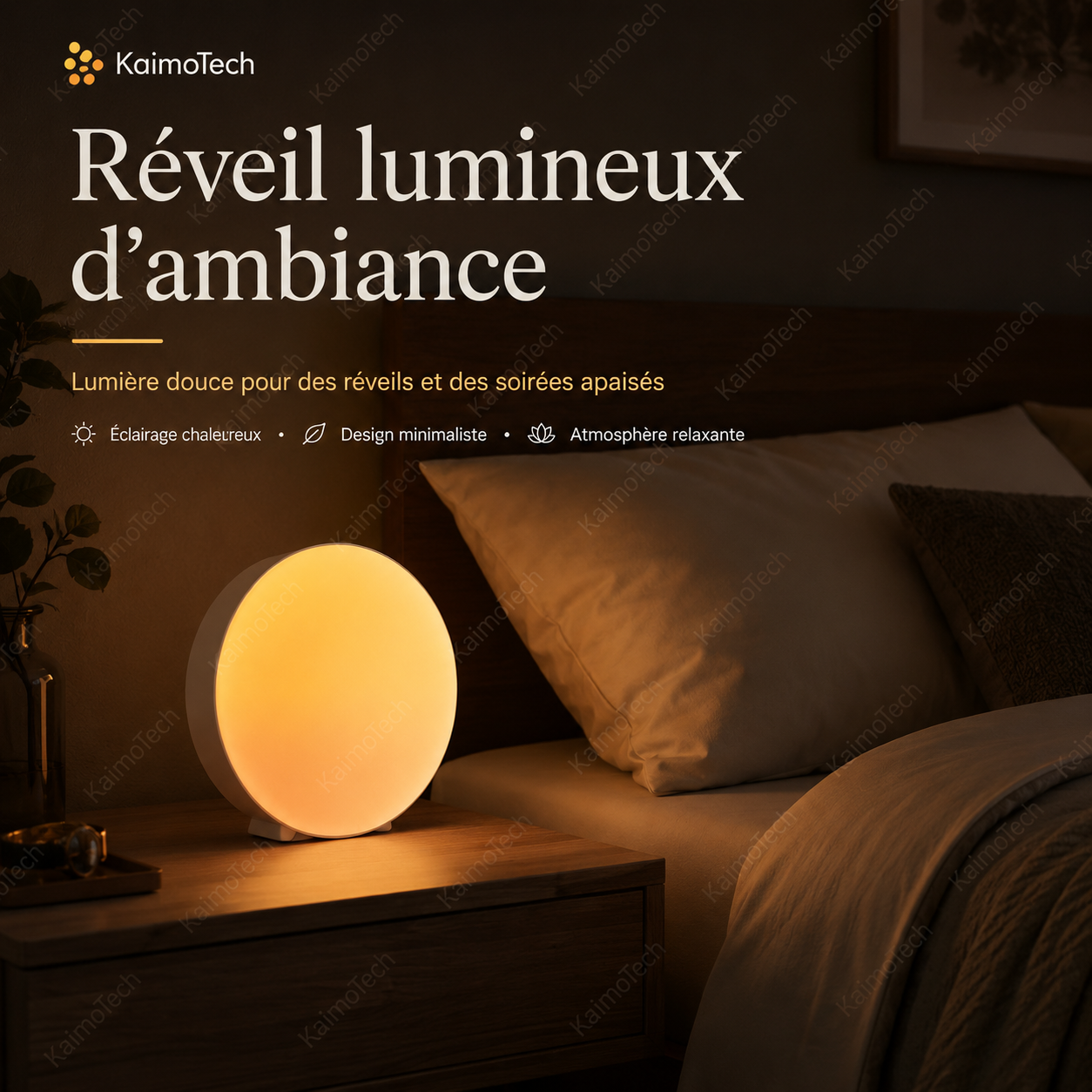 Réveil lumineux d’ambiance KaimoTech avec éclairage chaleureux, design minimaliste et lumière douce, posé sur une table de chevet dans une chambre cosy pour créer une atmosphère relaxante, idéale pour les soirées apaisées, l’endormissement et les réveils en douceur.