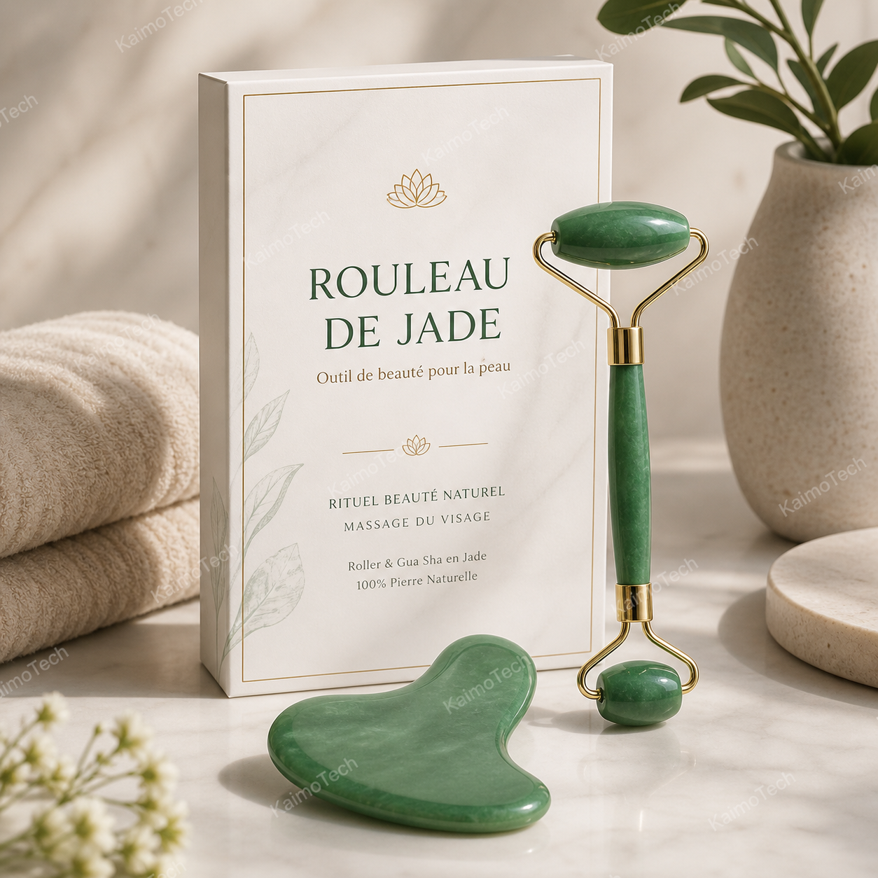 Coffret rouleau de jade avec pierre Gua Sha assortie, présenté dans un style spa naturel et premium. Outil de beauté pour le visage idéal pour une routine de massage quotidienne, avec pierre verte polie et finitions dorées pour favoriser la détente, lisser l’apparence de la peau et offrir un moment de bien-être raffiné.