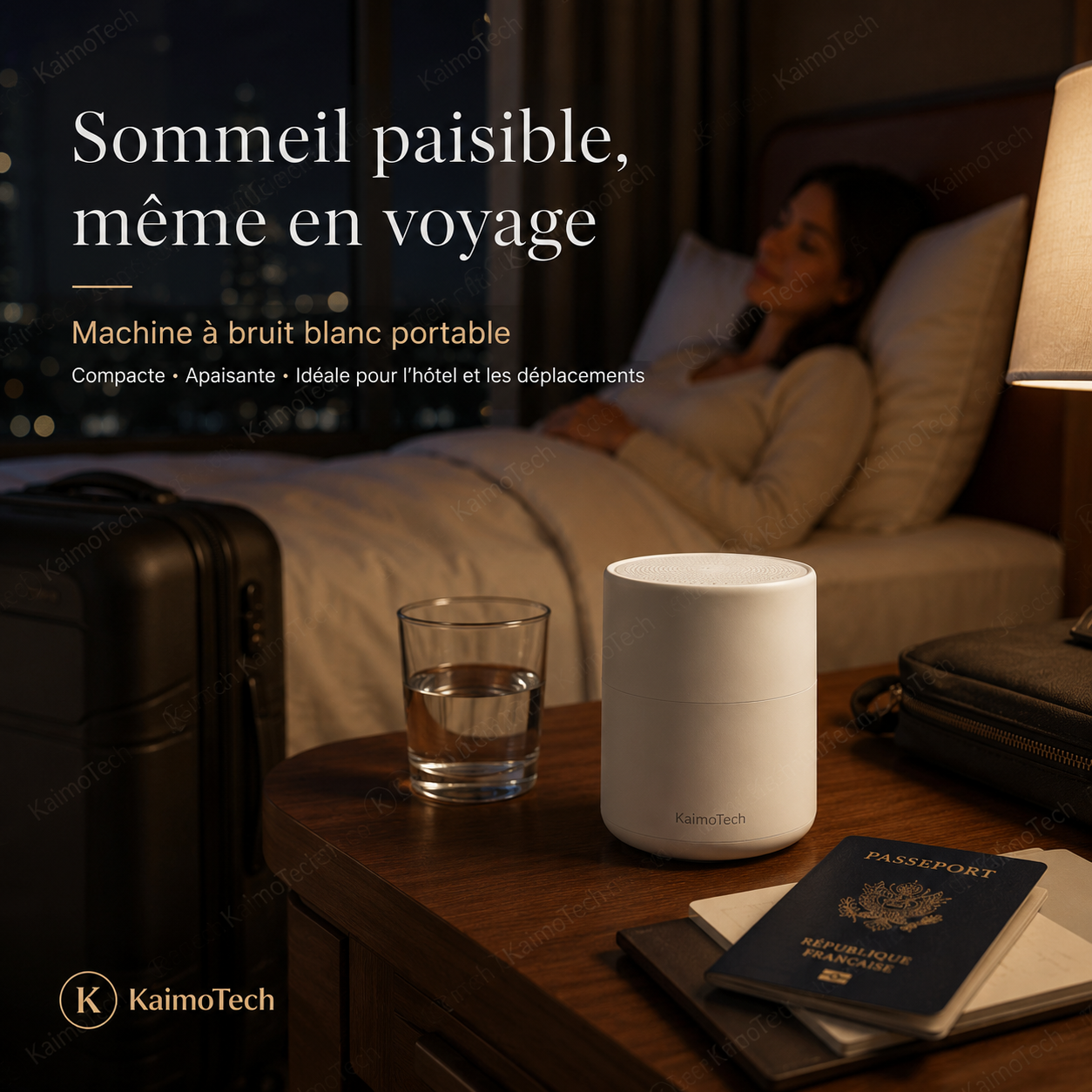 Machine à bruit blanc portable SleepSound KaimoTech posée sur une table de nuit près d’une valise et d’un passeport, conçue pour créer une ambiance calme et relaxante à l’hôtel ou en déplacement