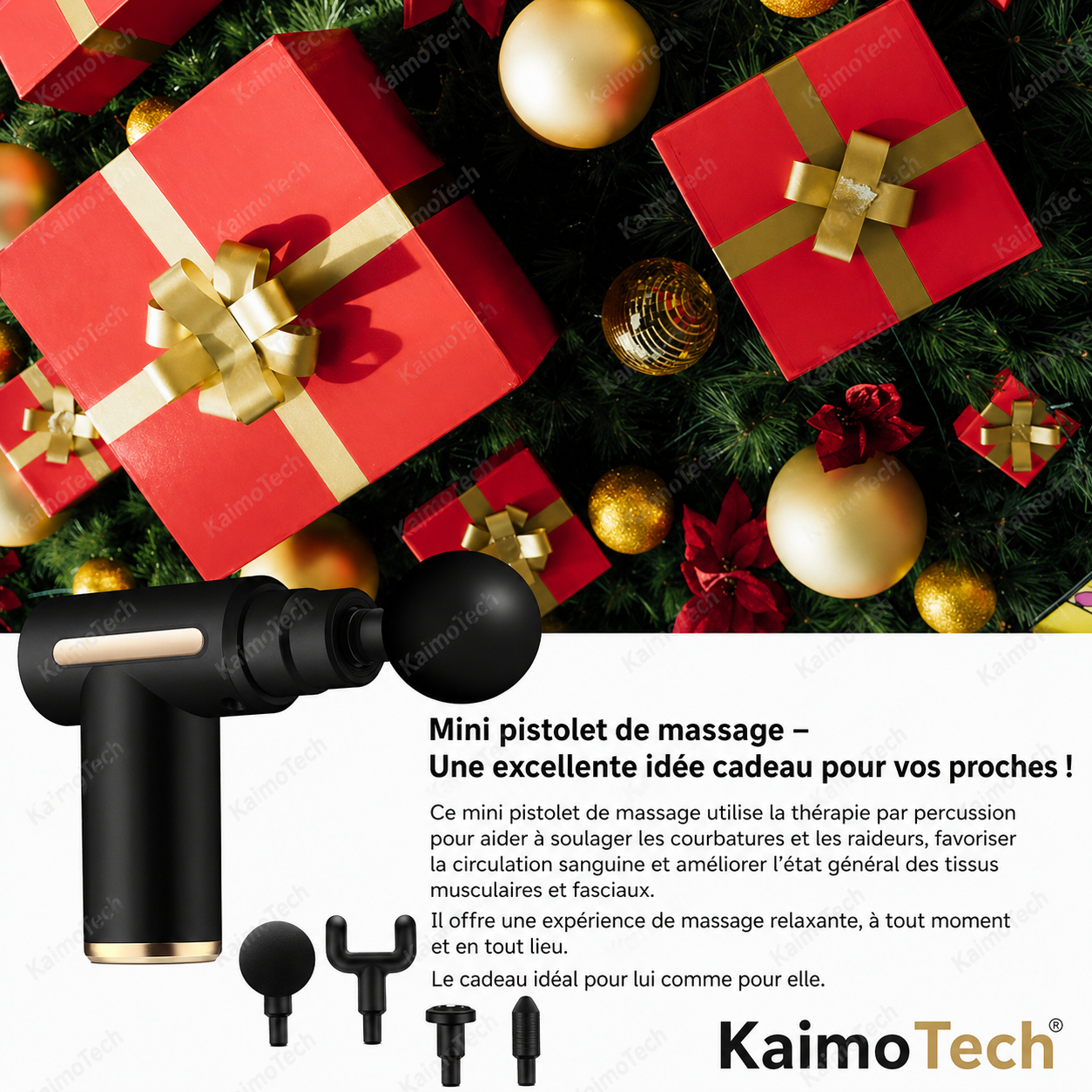 Mini pistolet de massage KaimoTech – idée cadeau de Noël pour lui et elle, thérapie par percussion, soulage courbatures et raideurs, améliore la circulation sanguine, 4 embouts inclus


