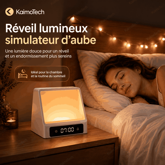 GIF : Réveil lumineux simulateur d’aube KaimoTech en GIF animé, montrant une lumière progressive au chevet, un réveil doux, une horloge intégrée et une ambiance apaisante pour la chambre.