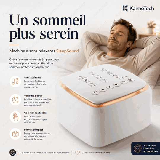 GIF présentant la machine à bruit blanc SleepSound KaimoTech avec 30 sons apaisants, veilleuse intégrée et ambiance chaleureuse pour créer un environnement calme dans une chambre