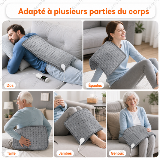 Coussin chauffant électrique KaimoTech multi-zones — homme, femme, personne âgée utilisant le coussin sur le dos, les épaules, la taille, les jambes et les genoux pour soulager les douleurs musculaires

